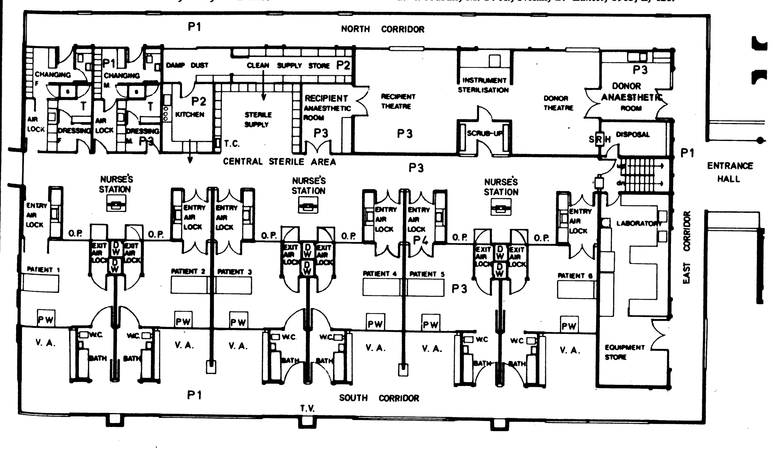 Plan for the Nuffield transplant unit in Edinburgh, late 1960s. Multiple units were built to a similar pattern.